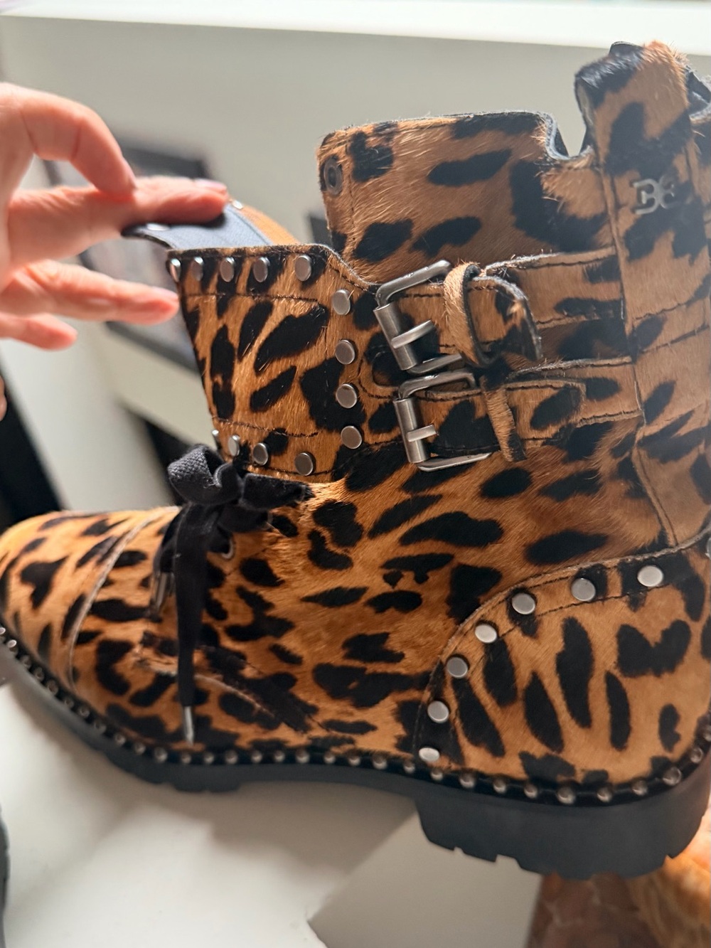 Sam Edelman Leopard Print Lace-Up Ankle Boots in Tan and Black, bucked strap